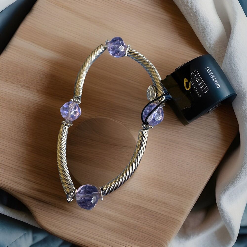 Cookie Lee Faceted Glass Stretch Bracelet Twisted Cable Gold Silver Tone Lavendr - Picture 4 of 7